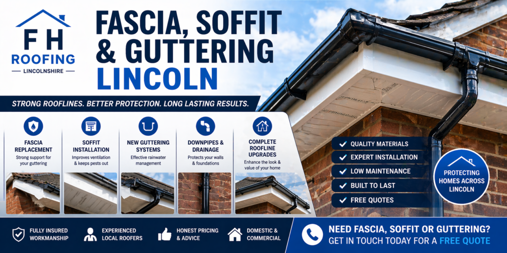 Need fascia, soffit & guttering in Lincoln? F H Roofing installs quality roofline systems, new gutters & replacements. Free quotes available today.